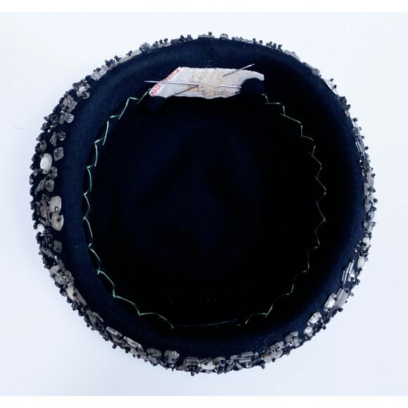 Fredric Vintage Hat 1940s Black - Beaded, Mother-of-Pearl & Felt